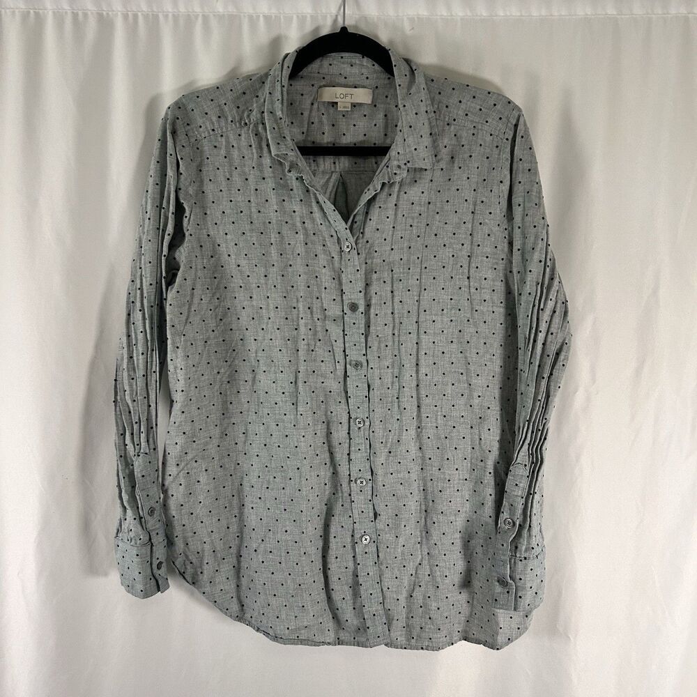 Loft Button Up Blouse Women's Large Grey Polka Dot Long Sleeve Collared